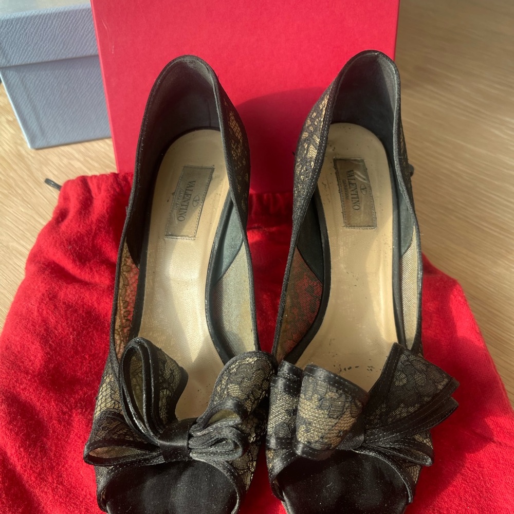 Valentino Women's Black Lace Peep-Toe Heels